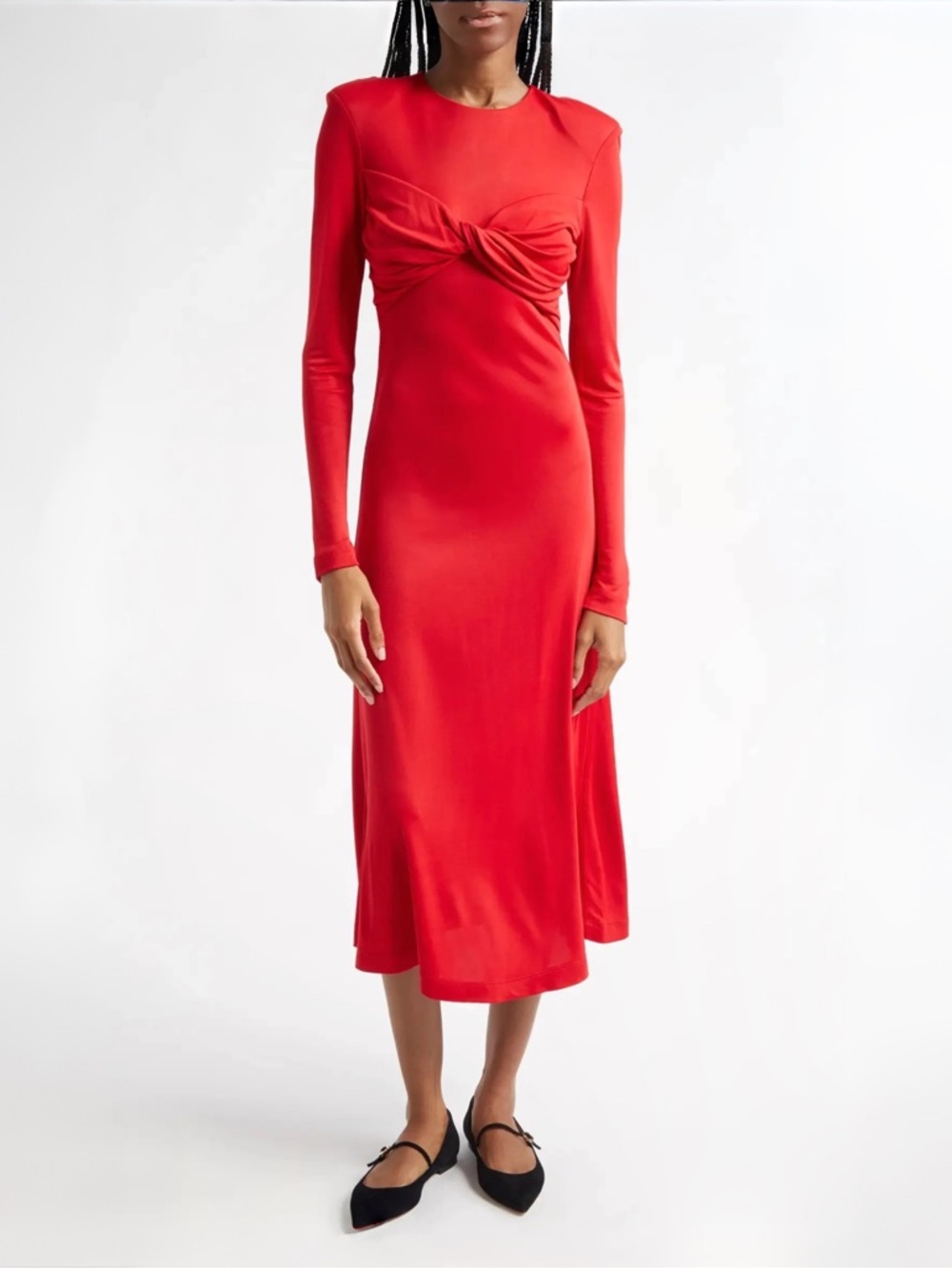 FARM Rio Red Long-Sleeve Twist-Front Midi Dress Sz M NEW